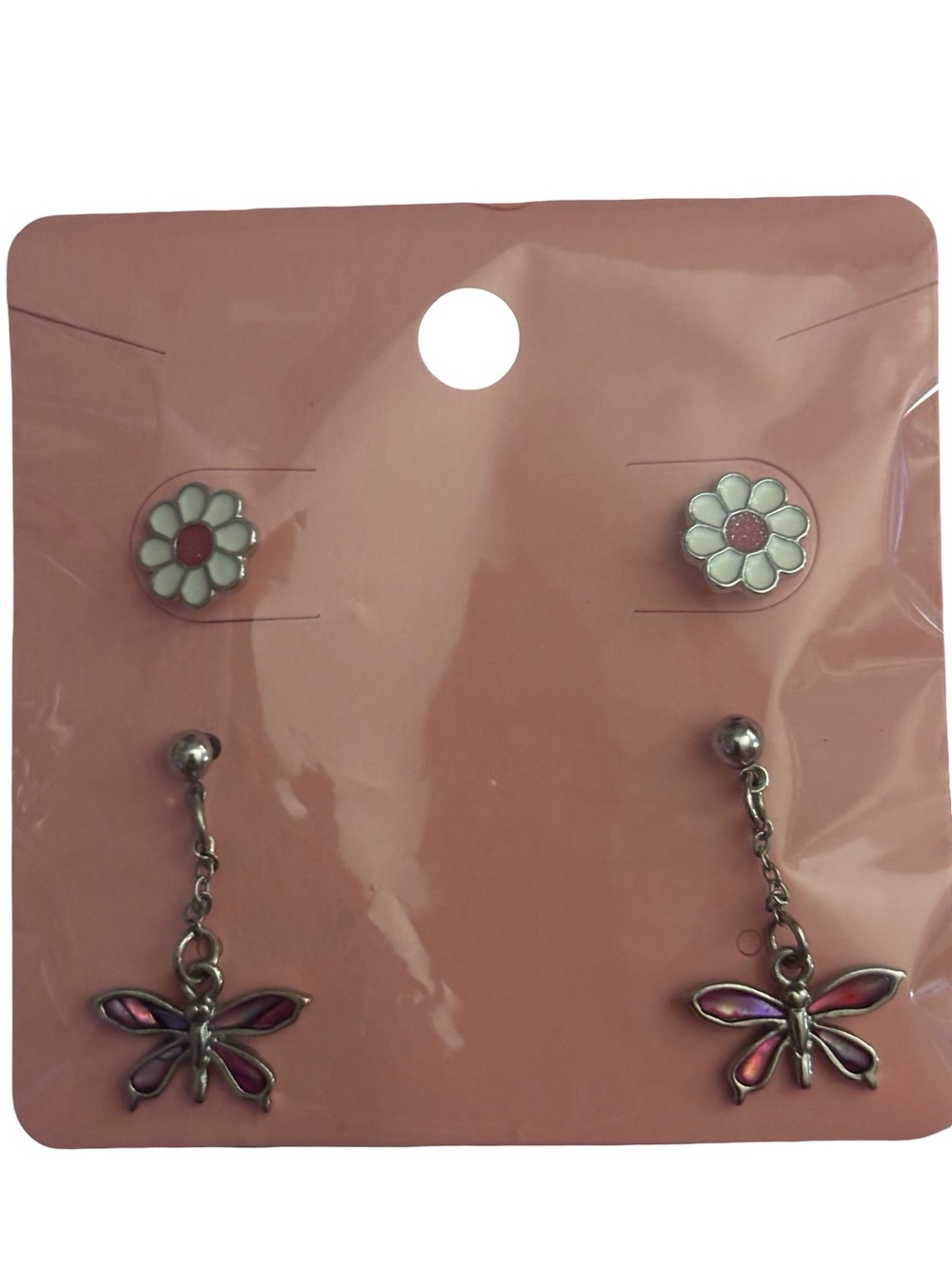 White and Pink Daisy Studs with Pink Dragonfly Drop Earrings